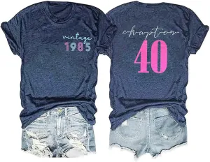40th Birthday Gift T-Shirt Women Vintage 1985 Birthday Party Shirt Casual Short Sleeve 40 Bday Shirt Tee Tops