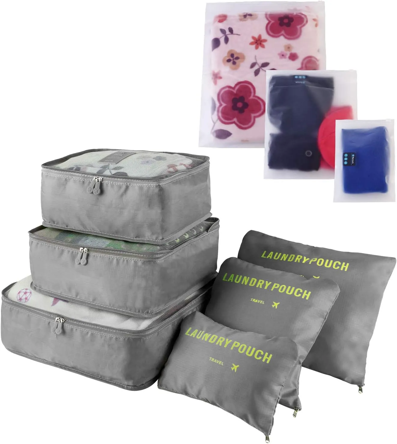 9Pcs Clothes Storage Bags Water-Resistant Travel Luggage Organizer Clothing Packing Cubes for Blouse Hosiery Stocking Underwear (Gray)