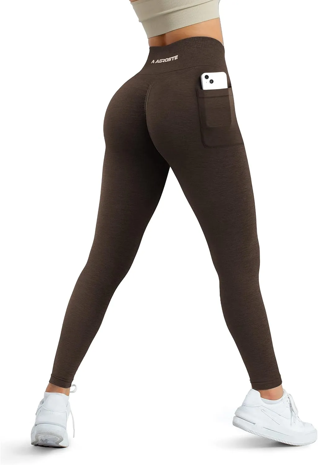 A AGROSTE Women Seamless Workout Leggings with Pockets Scrunch Butt Lifting Gym Leggings High Waisted Yoga Pants