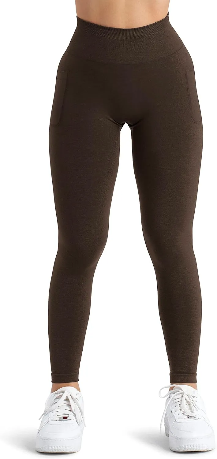A AGROSTE Women Seamless Workout Leggings with Pockets Scrunch Butt Lifting Gym Leggings High Waisted Yoga Pants