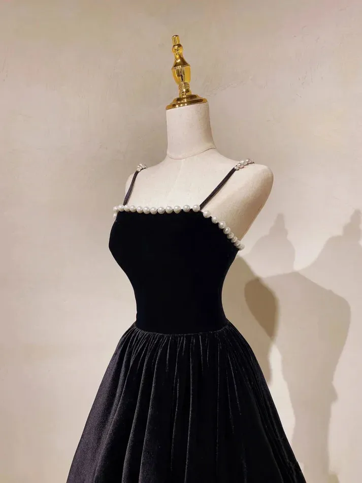 A Line Black Velvet Long Prom Dress Beaded Birthday Party Dress MD7583