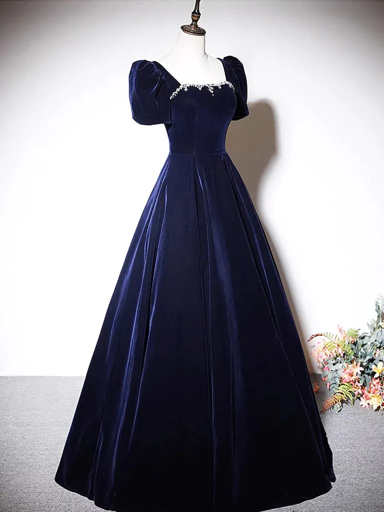 A-Line Dark Blue Velvet Long Prom Dress, Blue Formal Evening Dress MD7171