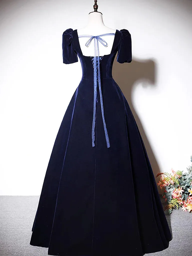 A-Line Dark Blue Velvet Long Prom Dress, Blue Formal Evening Dress MD7171