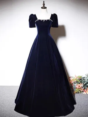 A-Line Dark Blue Velvet Long Prom Dress, Blue Formal Evening Dress MD7171
