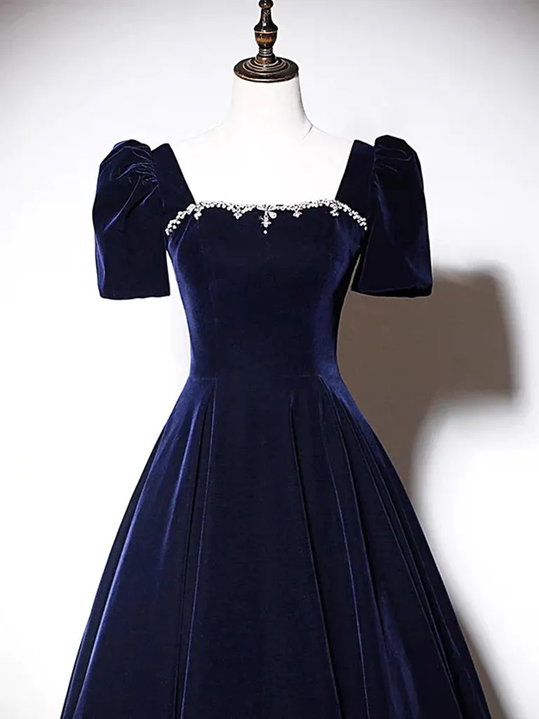 A-Line Dark Blue Velvet Long Prom Dress, Blue Formal Evening Dress MD7171