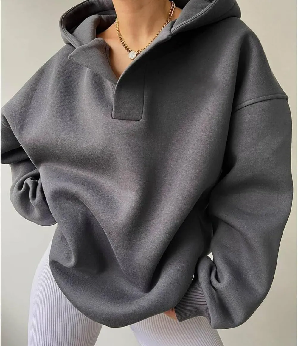 Aesthetic Hoodies for Women Hooded Long Sleeve Pullover Oversized Sweatshirts Casual V Neck Tops