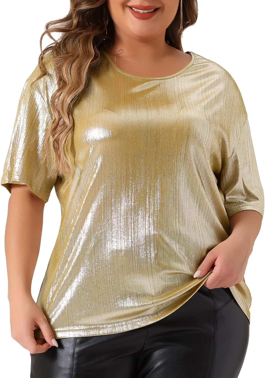 Agnes Orinda Plus Size Top Blouse for Women Metallic Round Neck Short Sleeve T-Shirt Party Blouses Tee Tops