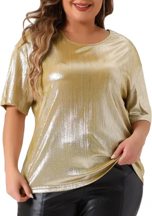 Agnes Orinda Plus Size Top Blouse for Women Metallic Round Neck Short Sleeve T-Shirt Party Blouses Tee Tops