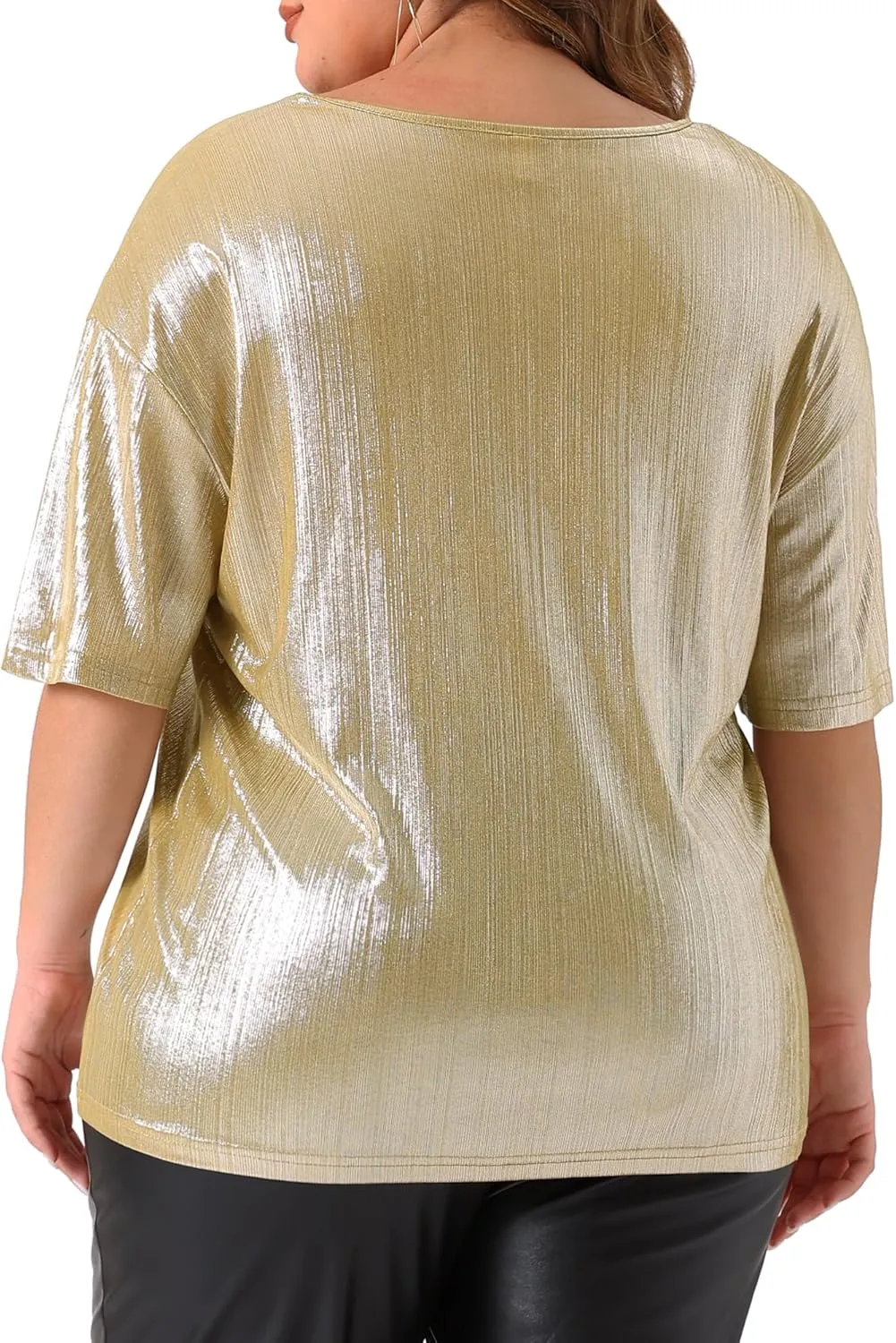 Agnes Orinda Plus Size Top Blouse for Women Metallic Round Neck Short Sleeve T-Shirt Party Blouses Tee Tops