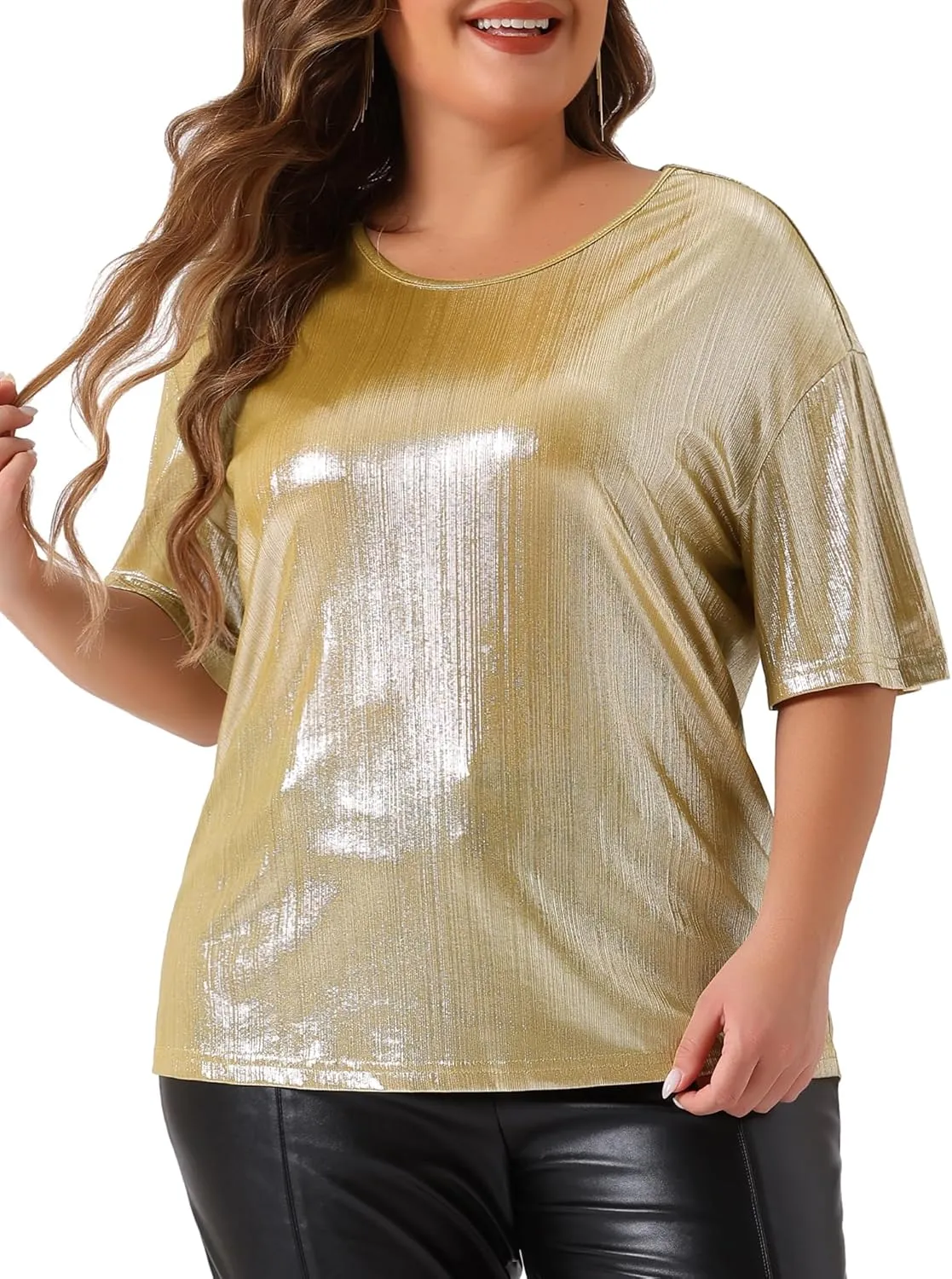 Agnes Orinda Plus Size Top Blouse for Women Metallic Round Neck Short Sleeve T-Shirt Party Blouses Tee Tops