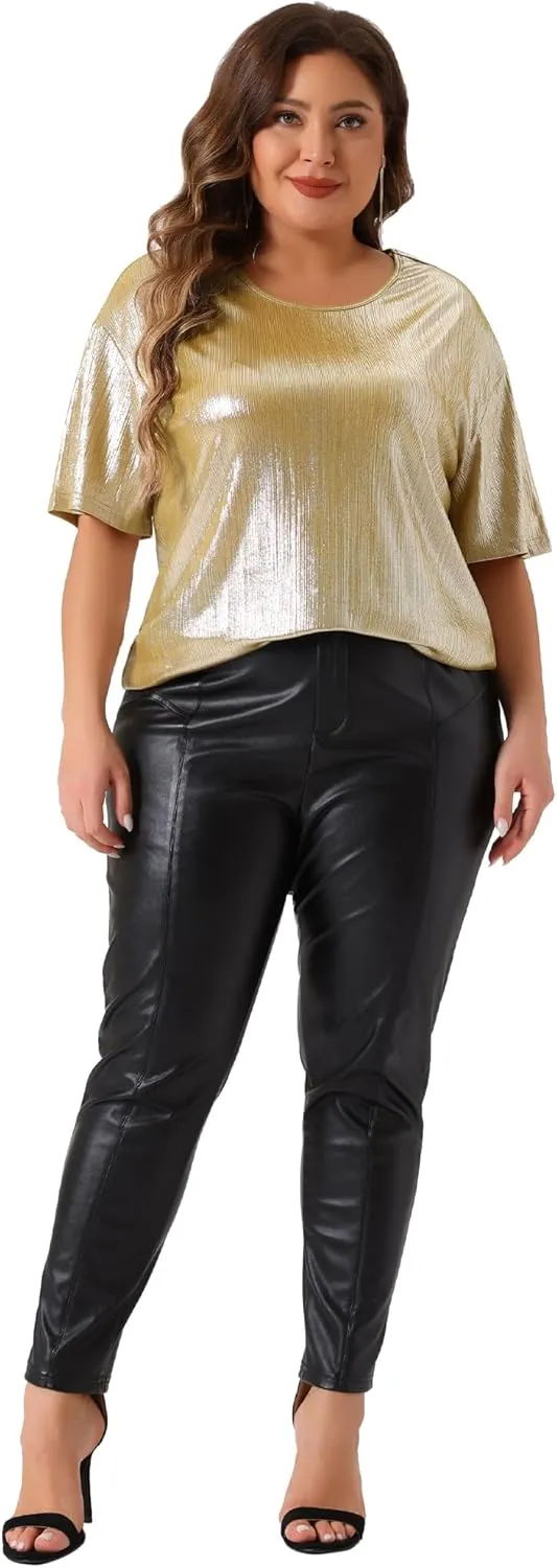 Agnes Orinda Plus Size Top Blouse for Women Metallic Round Neck Short Sleeve T-Shirt Party Blouses Tee Tops