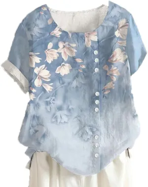 Akivide Women's Boho Floral Print Shirts Short Sleeve Crewneck Blouse Button Casual Loose Fit T Shirt Tunic Tops for Summer