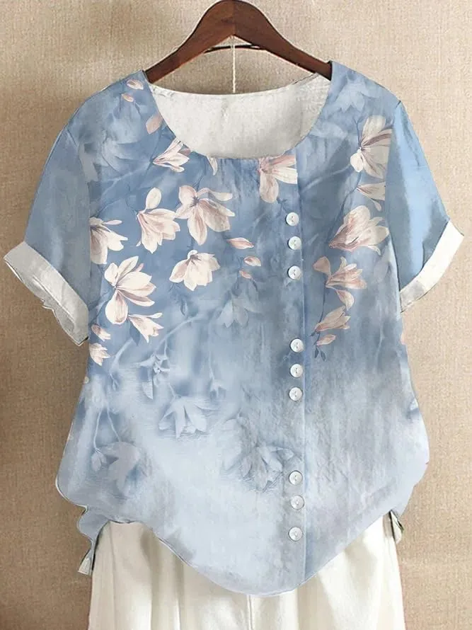 Akivide Women's Boho Floral Print Shirts Short Sleeve Crewneck Blouse Button Casual Loose Fit T Shirt Tunic Tops for Summer