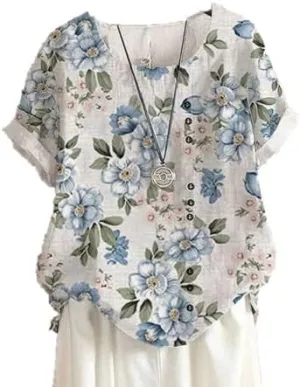 Akivide Women's Boho Floral Print Shirts Short Sleeve Crewneck Blouse Button Casual Loose Fit T Shirt Tunic Tops for Summer