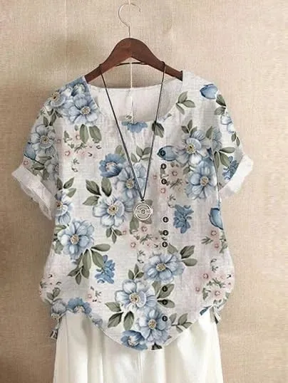 Akivide Women's Boho Floral Print Shirts Short Sleeve Crewneck Blouse Button Casual Loose Fit T Shirt Tunic Tops for Summer