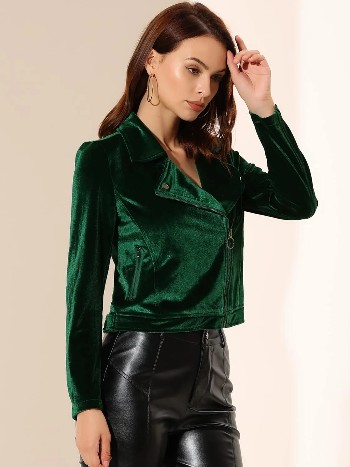 Allegra K Women's Velvet Lapel Collar Zip Up Coat Crop Moto Biker Jacket Winter Fall 2025