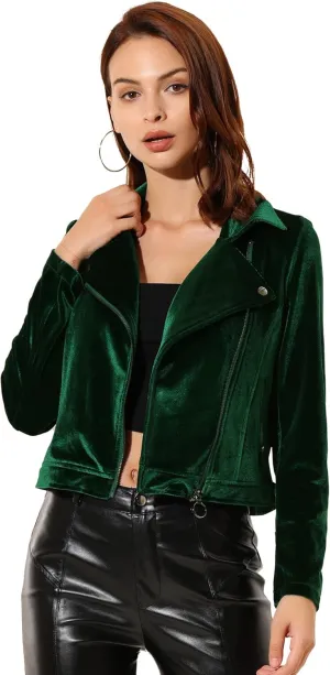 Allegra K Women's Velvet Lapel Collar Zip Up Coat Crop Moto Biker Jacket Winter Fall 2025