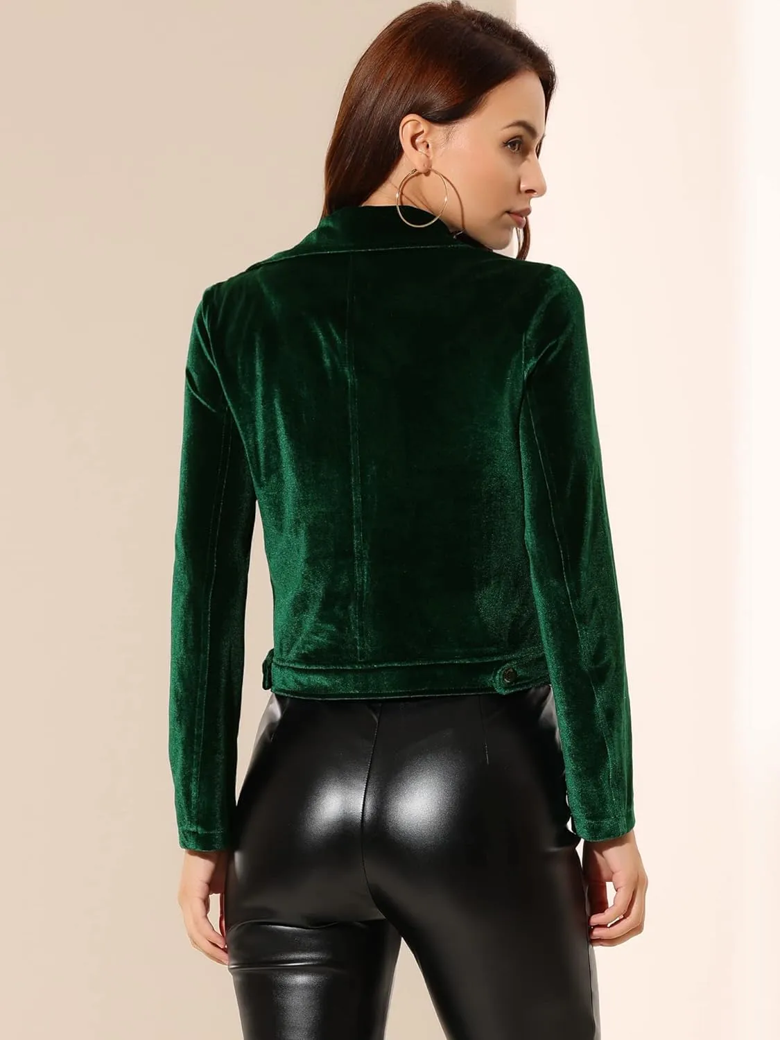Allegra K Women's Velvet Lapel Collar Zip Up Coat Crop Moto Biker Jacket Winter Fall 2025