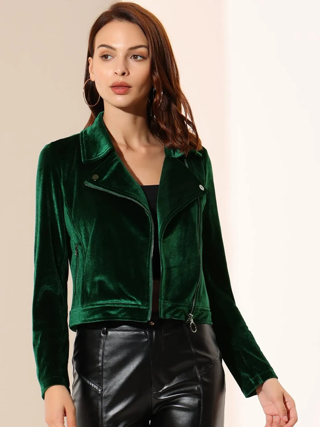 Allegra K Women's Velvet Lapel Collar Zip Up Coat Crop Moto Biker Jacket Winter Fall 2025