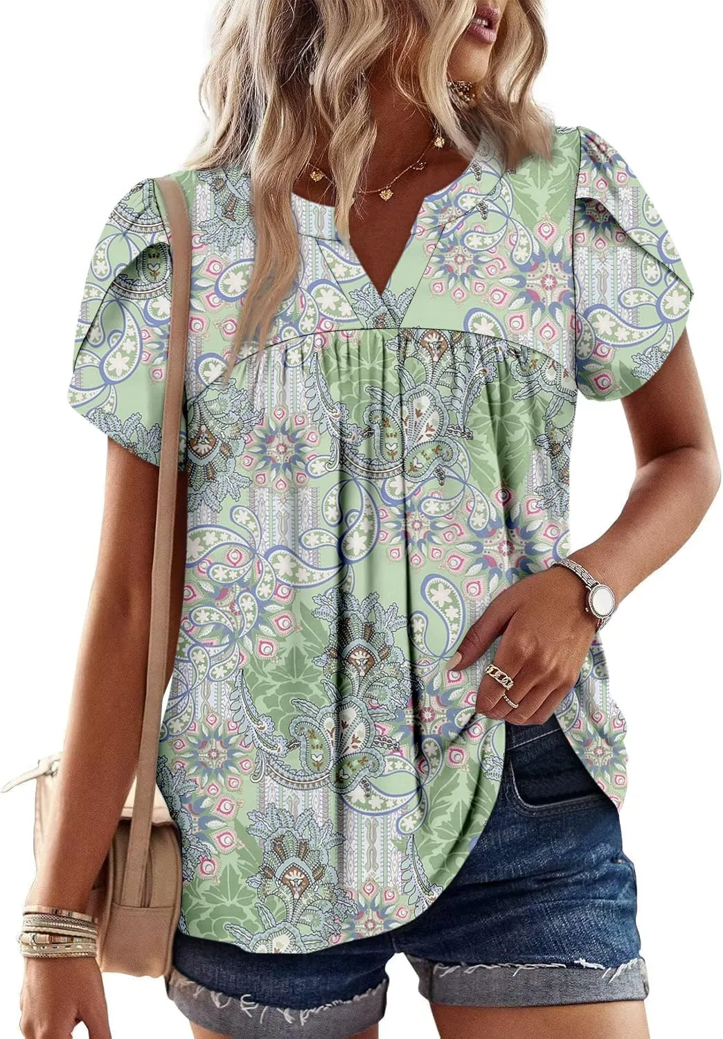 Angerella Womens Tunic Top T Shirts V Neck Short Sleeve Floral Print Trendy Dressy Casual Elegant Pleated Front Blouse
