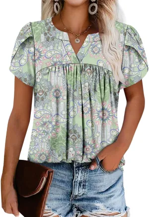 Angerella Womens Tunic Top T Shirts V Neck Short Sleeve Floral Print Trendy Dressy Casual Elegant Pleated Front Blouse