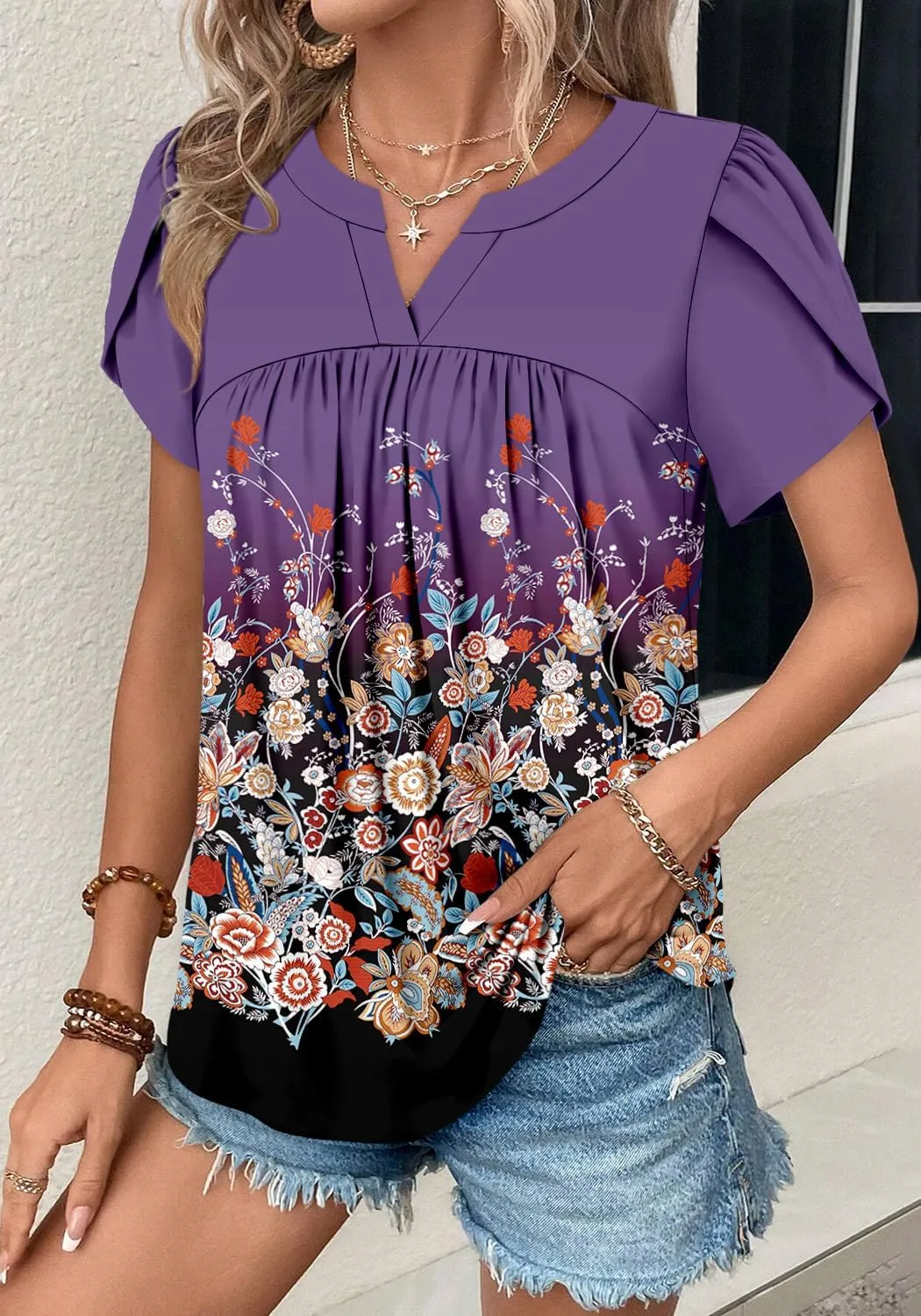 Angerella Womens Tunic Top T Shirts V Neck Short Sleeve Floral Print Trendy Dressy Casual Elegant Pleated Front Blouse