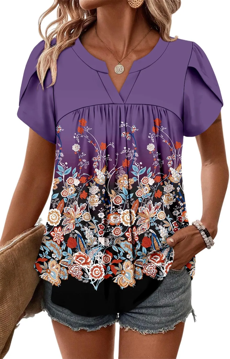 Angerella Womens Tunic Top T Shirts V Neck Short Sleeve Floral Print Trendy Dressy Casual Elegant Pleated Front Blouse