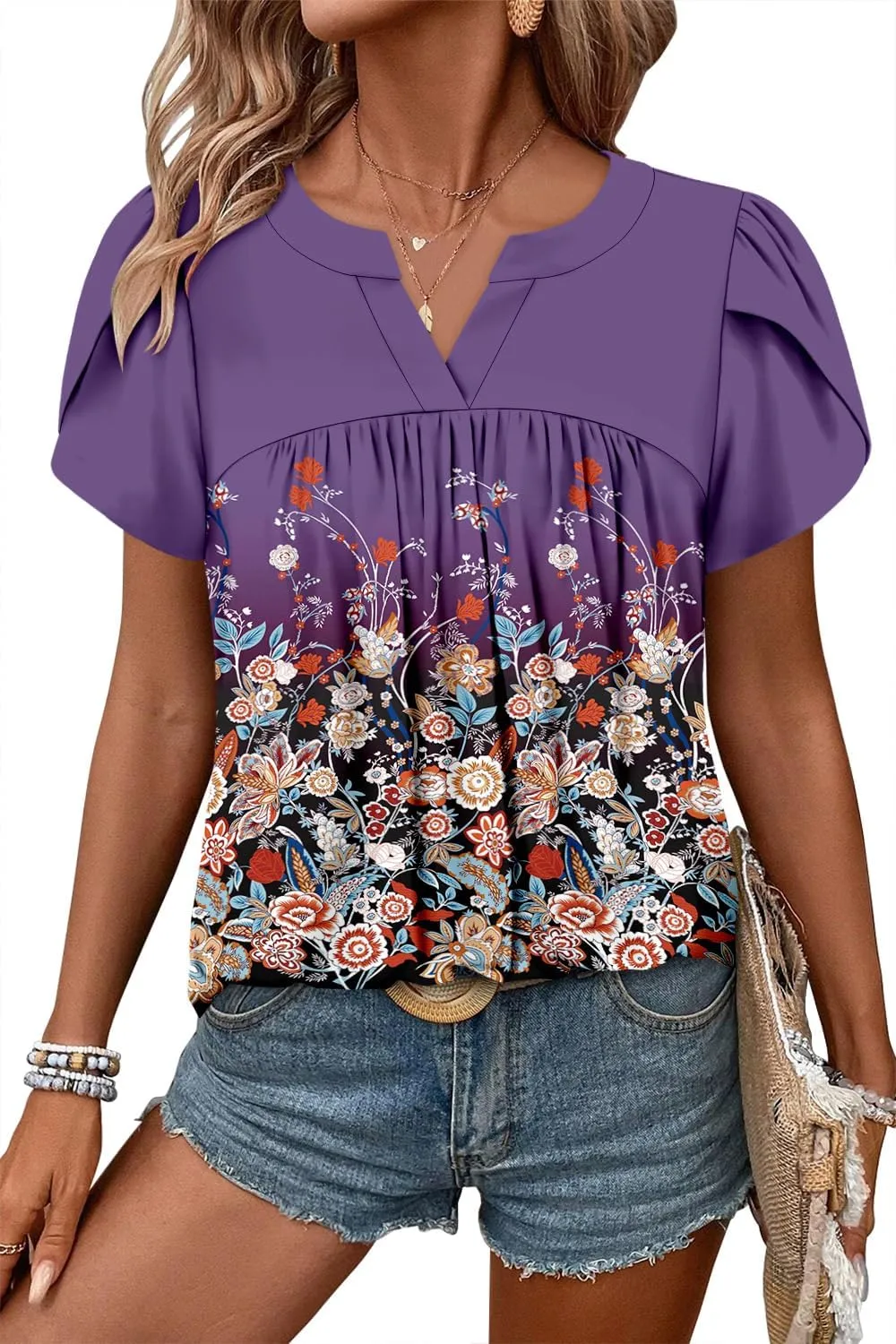 Angerella Womens Tunic Top T Shirts V Neck Short Sleeve Floral Print Trendy Dressy Casual Elegant Pleated Front Blouse