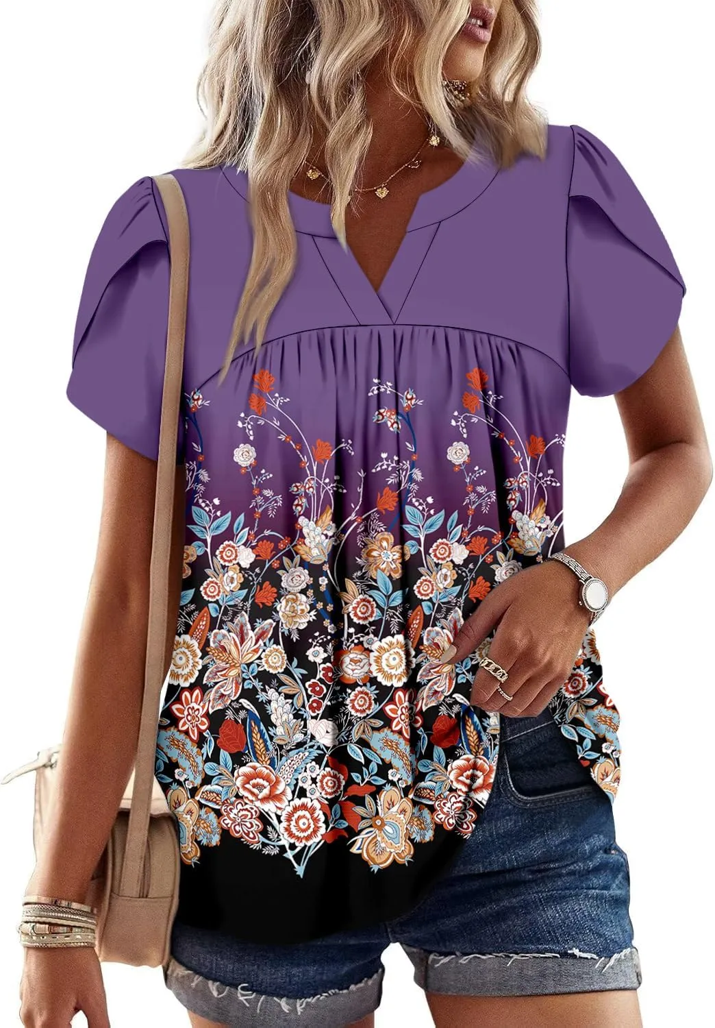 Angerella Womens Tunic Top T Shirts V Neck Short Sleeve Floral Print Trendy Dressy Casual Elegant Pleated Front Blouse
