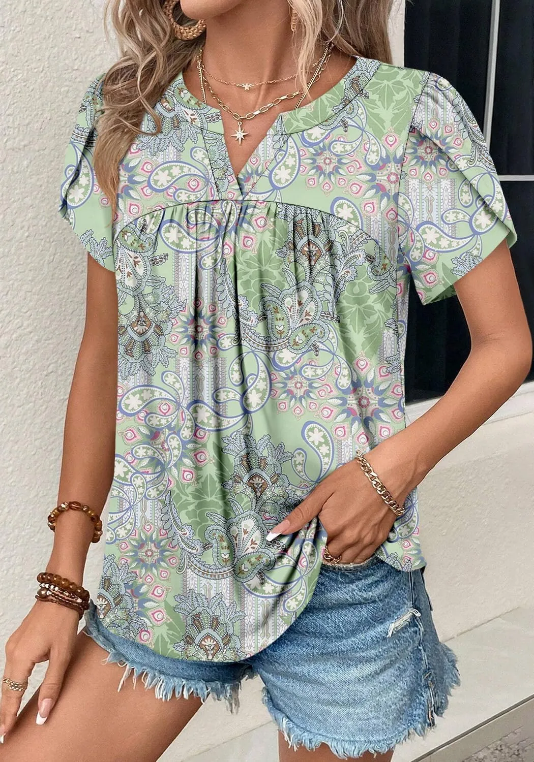Angerella Womens Tunic Top T Shirts V Neck Short Sleeve Floral Print Trendy Dressy Casual Elegant Pleated Front Blouse