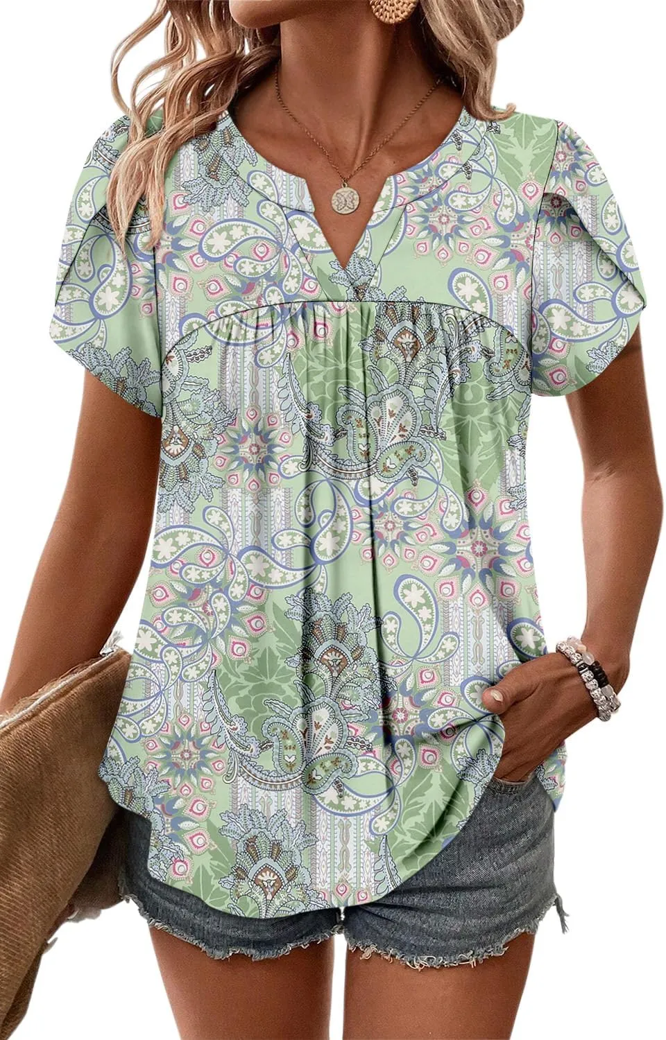 Angerella Womens Tunic Top T Shirts V Neck Short Sleeve Floral Print Trendy Dressy Casual Elegant Pleated Front Blouse