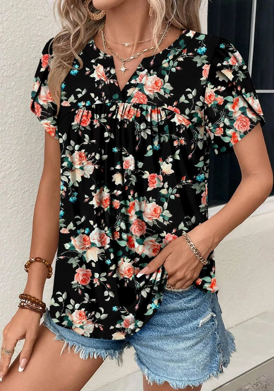Angerella Womens Tunic Top T Shirts V Neck Short Sleeve Floral Print Trendy Dressy Casual Elegant Pleated Front Blouse