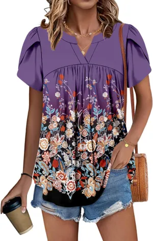 Angerella Womens Tunic Top T Shirts V Neck Short Sleeve Floral Print Trendy Dressy Casual Elegant Pleated Front Blouse