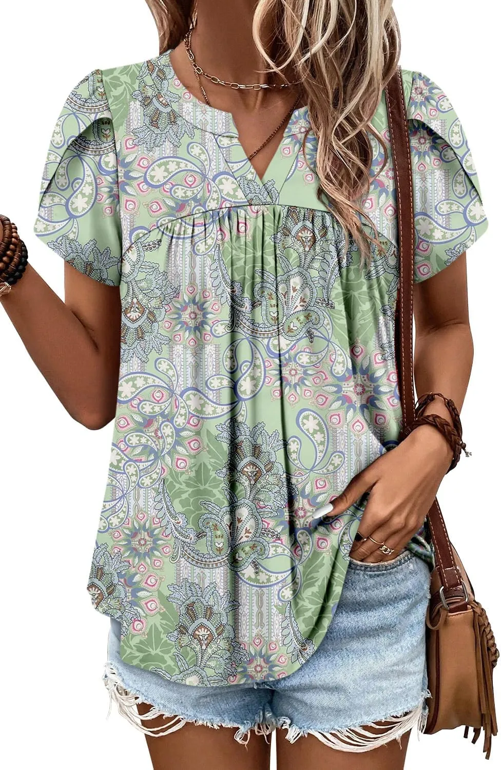 Angerella Womens Tunic Top T Shirts V Neck Short Sleeve Floral Print Trendy Dressy Casual Elegant Pleated Front Blouse