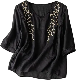 Aniywn 3/4 Sleeve Linen Shirts for Women 2025 Cotton Summer Retro Embroidered Boho Tops Dressy Casual Trendy Vacation Blouse