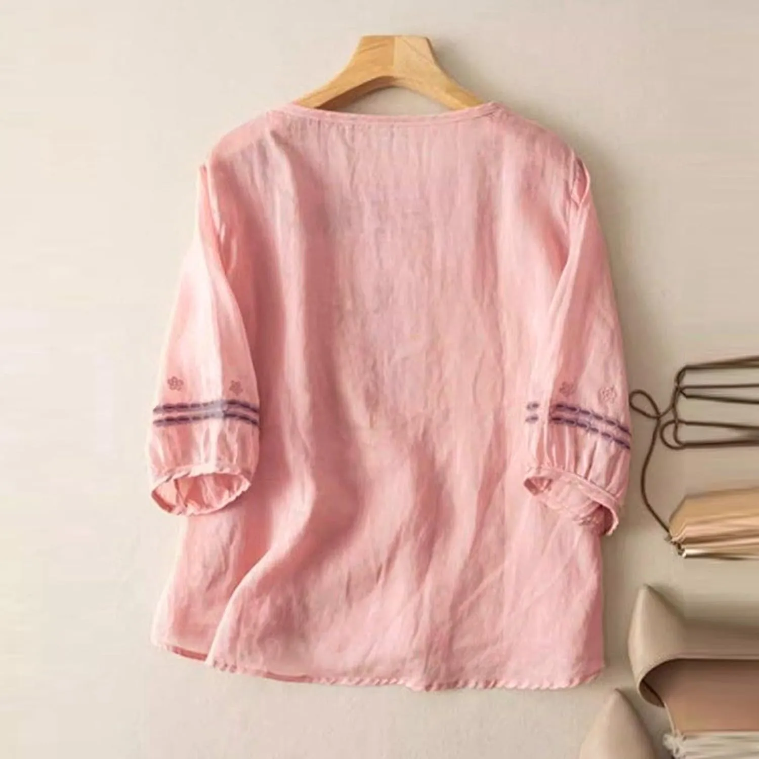 Aniywn 3/4 Sleeve Linen Shirts for Women 2025 Cotton Summer Retro Embroidered Boho Tops Dressy Casual Trendy Vacation Blouse