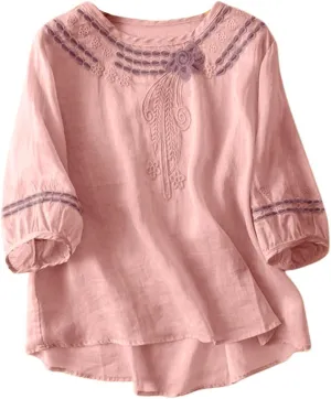 Aniywn 3/4 Sleeve Linen Shirts for Women 2025 Cotton Summer Retro Embroidered Boho Tops Dressy Casual Trendy Vacation Blouse
