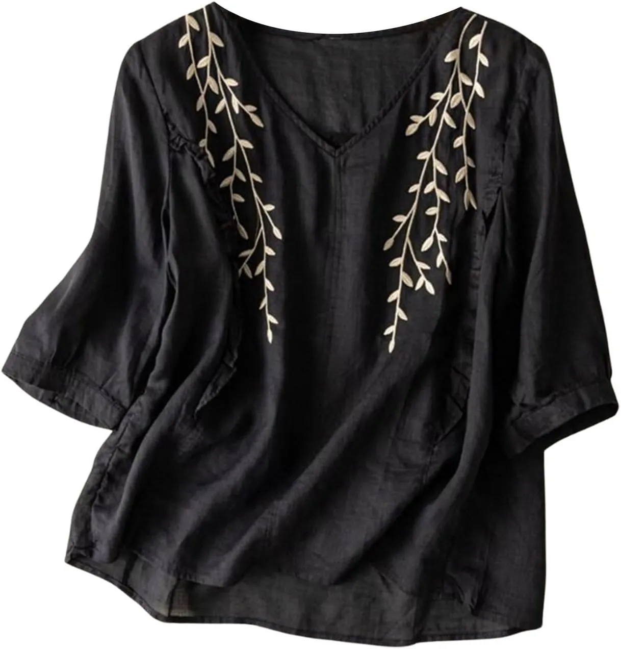 Aniywn 3/4 Sleeve Linen Shirts for Women 2025 Cotton Summer Retro Embroidered Boho Tops Dressy Casual Trendy Vacation Blouse