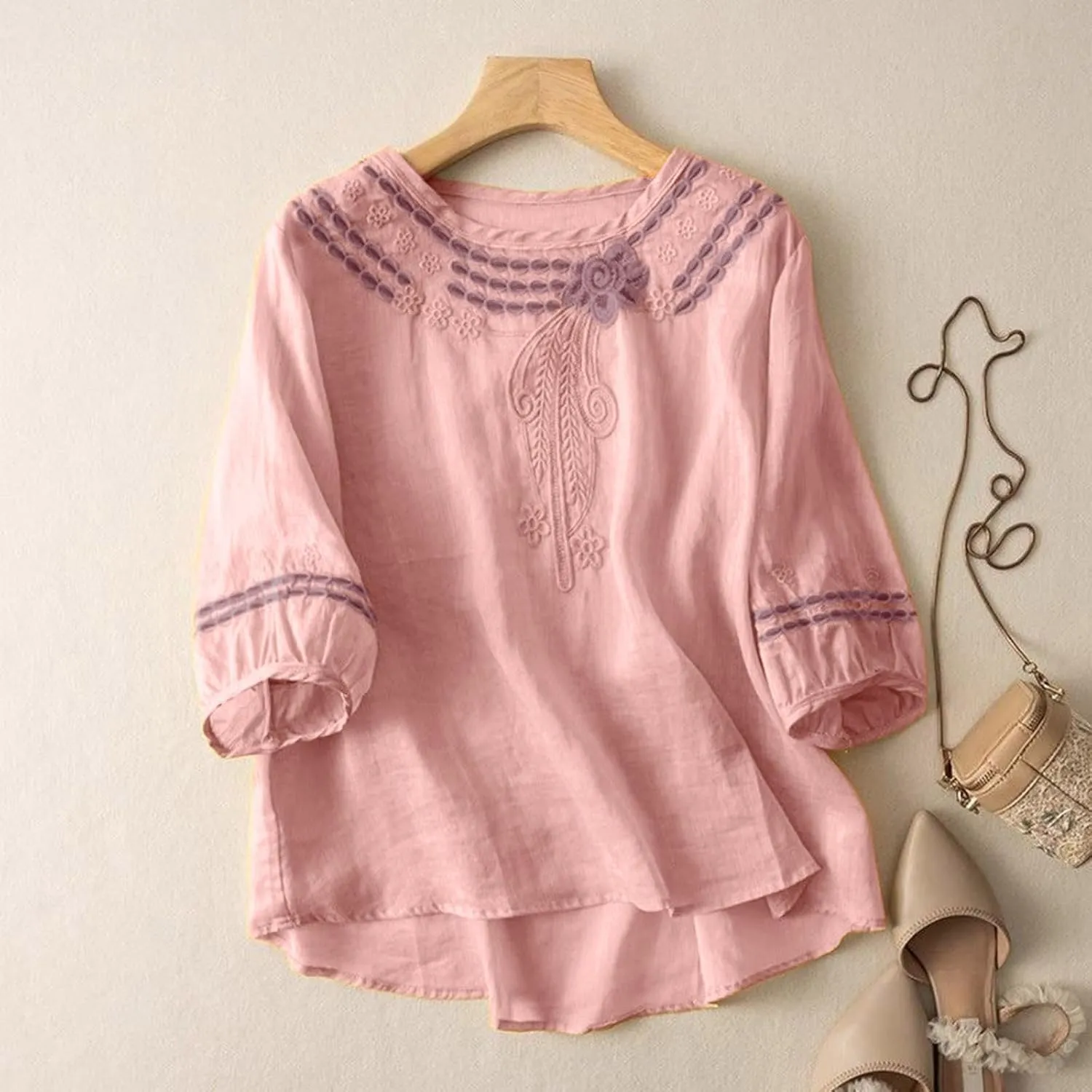 Aniywn 3/4 Sleeve Linen Shirts for Women 2025 Cotton Summer Retro Embroidered Boho Tops Dressy Casual Trendy Vacation Blouse