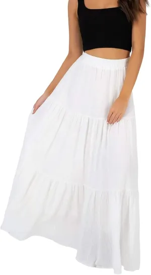 Annebouti Womens Spring Summer Boho Elastic Long Skirts High Waist Pleated A Line Tiered White or Black Maxi Skirt