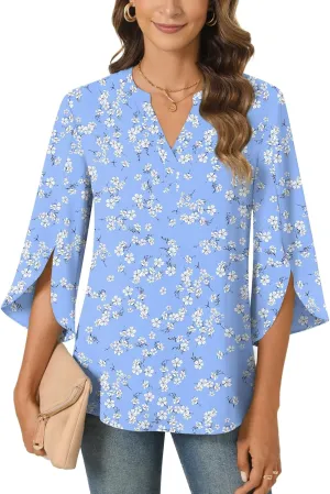 Anyally Women's Chiffon Blouses 3/4 Sleeve Summer Dressy Tunic Tops Casual Loose V Neck T-Shirts