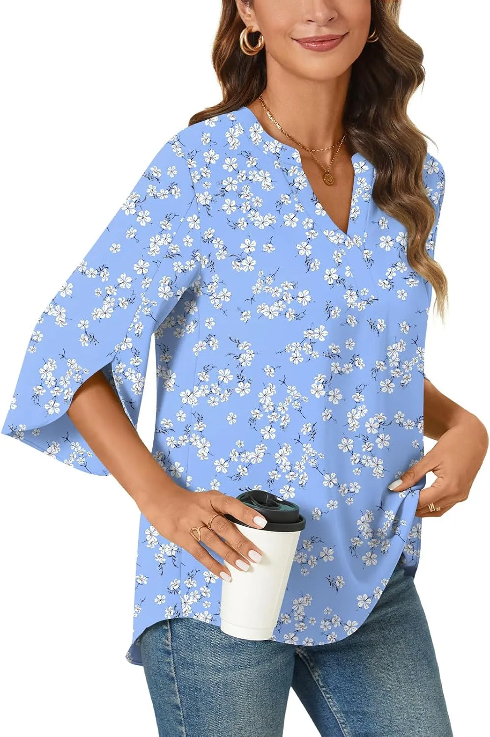 Anyally Women's Chiffon Blouses 3/4 Sleeve Summer Dressy Tunic Tops Casual Loose V Neck T-Shirts