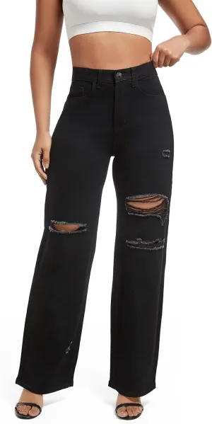Aodrusa Ripped Wide Leg Jeans for Women Mom Baggy Straight Leg Stretchy Boyfriend Trendy Trouser Denim Pants