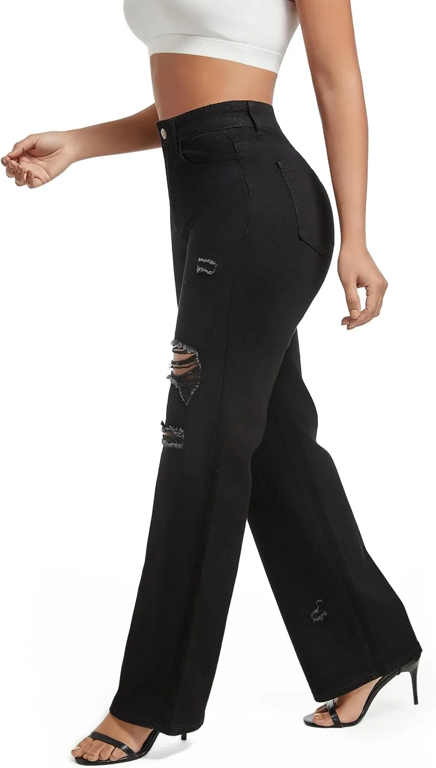 Aodrusa Ripped Wide Leg Jeans for Women Mom Baggy Straight Leg Stretchy Boyfriend Trendy Trouser Denim Pants