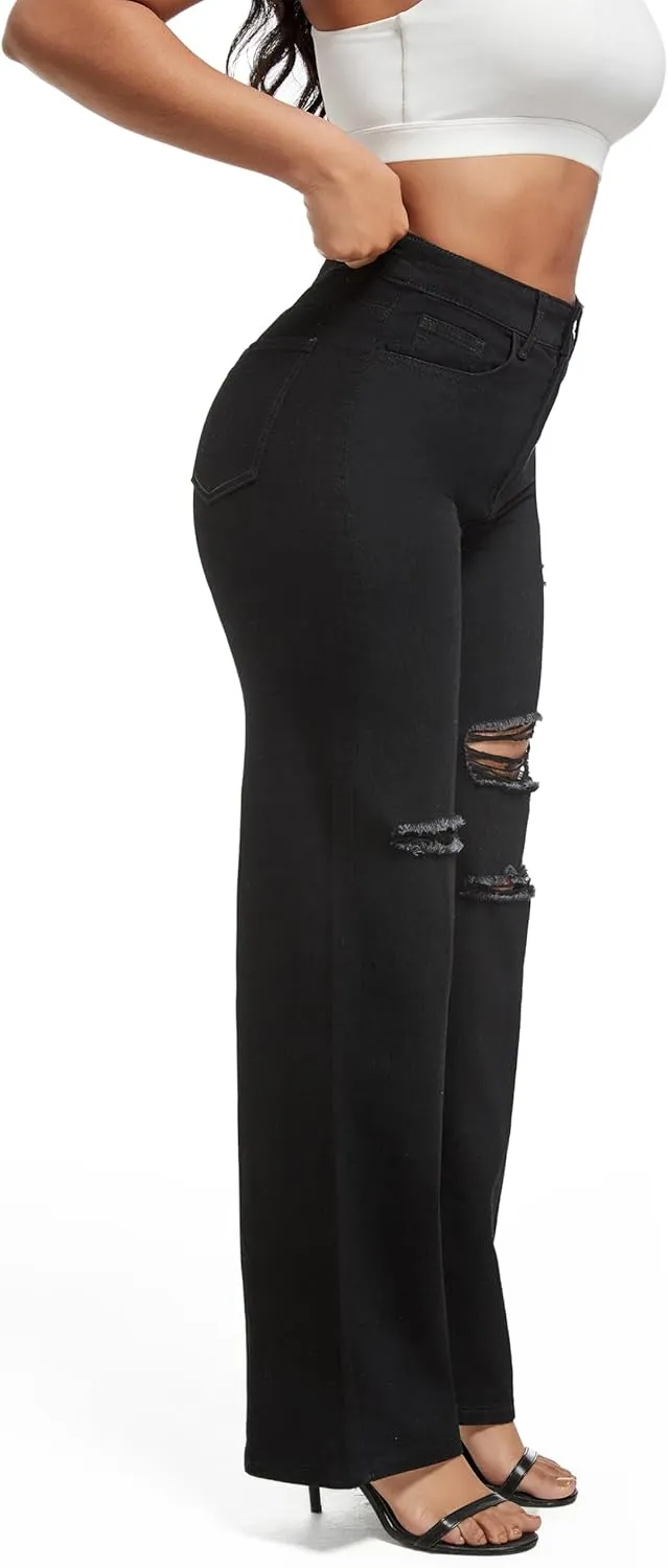 Aodrusa Ripped Wide Leg Jeans for Women Mom Baggy Straight Leg Stretchy Boyfriend Trendy Trouser Denim Pants