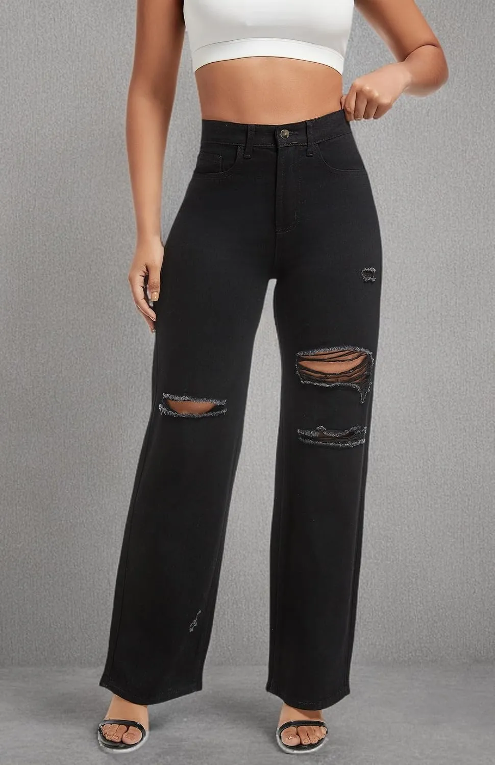 Aodrusa Ripped Wide Leg Jeans for Women Mom Baggy Straight Leg Stretchy Boyfriend Trendy Trouser Denim Pants