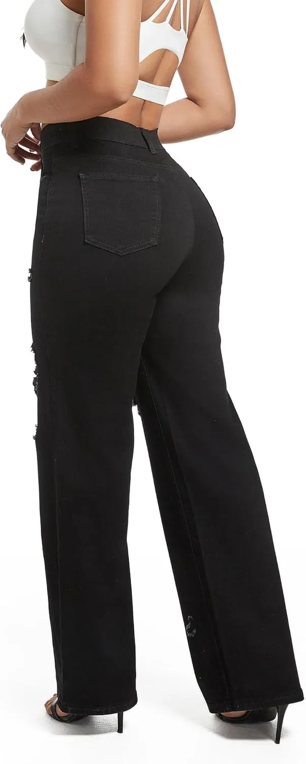 Aodrusa Ripped Wide Leg Jeans for Women Mom Baggy Straight Leg Stretchy Boyfriend Trendy Trouser Denim Pants