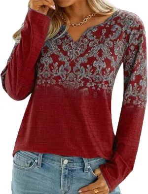 Apvirdy Womens Henley Shirt V Neck Long Sleeves Western Blouse Boho Floral Print Shirt Loose Fit Ethnic Tunic Tops