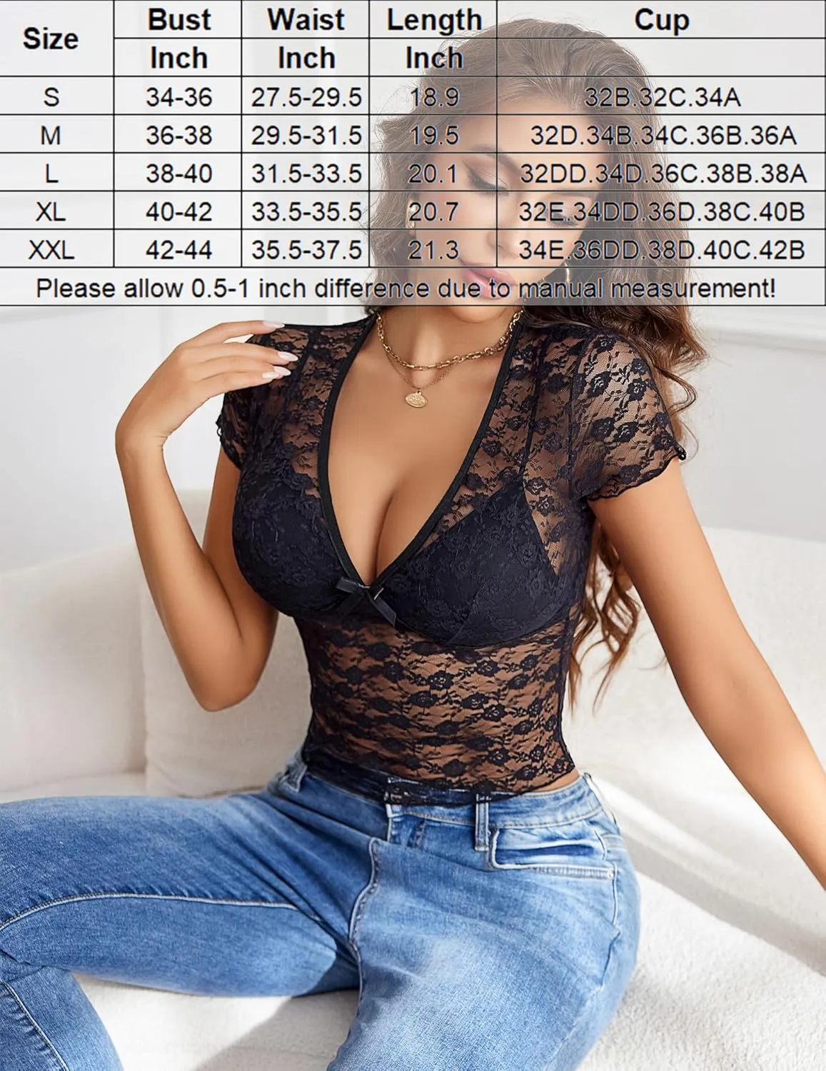 Avidlove Lace Tops Womens Short Sleeve V Neck Sexy See Through Tee Shirts Y2K Mesh Top Party Club Night Blouse S-XXL