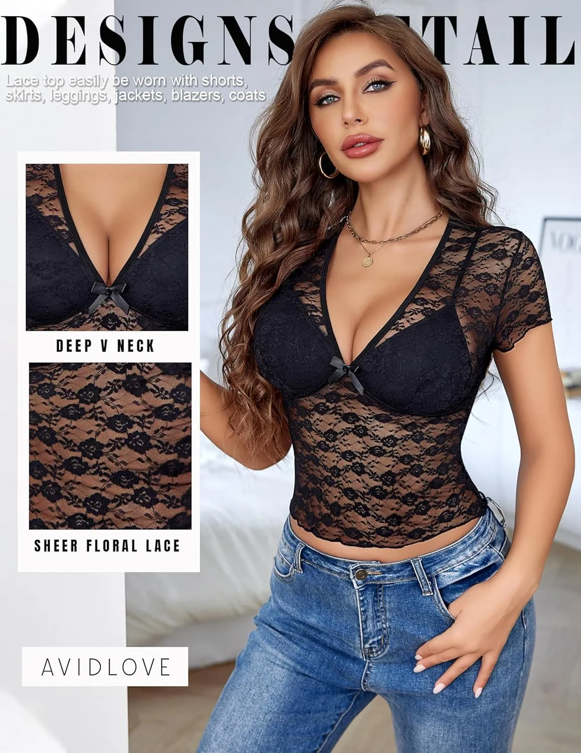 Avidlove Lace Tops Womens Short Sleeve V Neck Sexy See Through Tee Shirts Y2K Mesh Top Party Club Night Blouse S-XXL